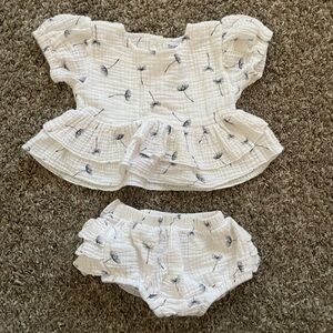 White Dandelion Print Kids Outfit, 6-12 months